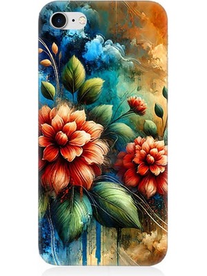Apple iPhone 8 Uyumlu Kırmızı Çiçek ve Tomurcuklar  Desenli Silikon Kılıf