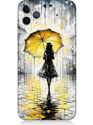 Apple iPhone 11 Pro Max Uyumlu Yağmurda Sarı Şemsiye Altında  Desenli Silikon Kılıf