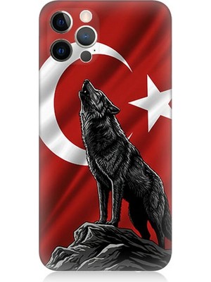 Apple iPhone 12 Pro Max Uyumlu Bayrak Önünde Uluyan Kurt  Desenli Silikon Kılıf