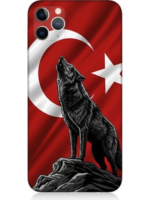 Apple iPhone 11 Pro Max Uyumlu Bayrak Önünde Uluyan Kurt  Desenli Silikon Kılıf
