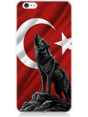 Apple iPhone 6 Uyumlu Bayrak Önünde Uluyan Kurt  Desenli Silikon Kılıf
