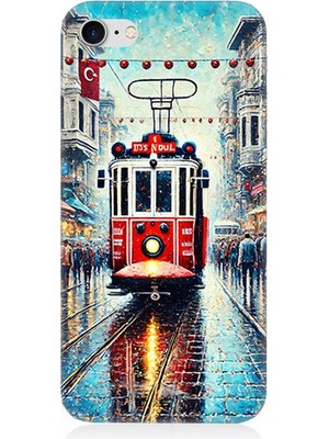 Apple iPhone 7 Uyumlu Yağmurlu Sokakta Kırmızı Tramvay  Desenli Silikon Kılıf