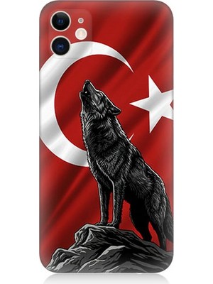 Apple iPhone 12 Mini Uyumlu Bayrak Önünde Uluyan Kurt  Desenli Silikon Kılıf