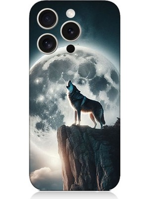 Apple iPhone 15 Pro Max Uyumlu Dolunayda Uluyan Kurt  Desenli Silikon Kılıf