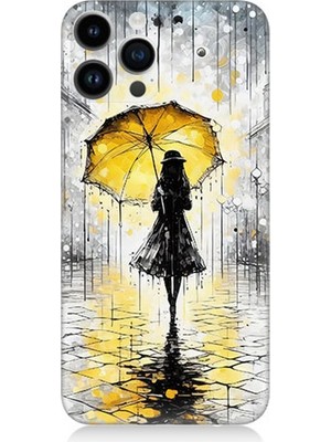 Apple iPhone 14 Pro Max Uyumlu Yağmurda Sarı Şemsiye Altında  Desenli Silikon Kılıf