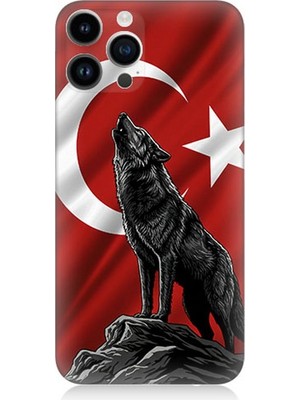 Apple iPhone 14 Pro Max Uyumlu Bayrak Önünde Uluyan Kurt  Desenli Silikon Kılıf