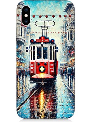 Apple iPhone x Uyumlu Yağmurlu Sokakta Kırmızı Tramvay  Desenli Silikon Kılıf