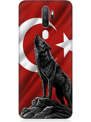 Oppo A5 2020 Uyumlu Bayrak Önünde Uluyan Kurt  Desenli Silikon Kılıf