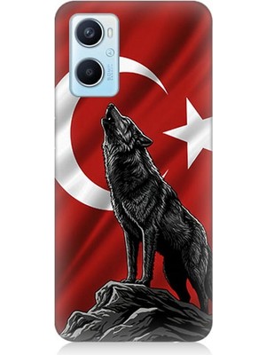 Oppo A96 Uyumlu Bayrak Önünde Uluyan Kurt  Desenli Silikon Kılıf