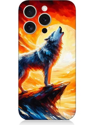 Apple iPhone 15 Pro Max Uyumlu Kayalıkta Uluyan Kurt Yalnızlığı  Desenli Silikon Kılıf