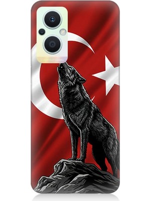 Oppo Reno 7 Lite Uyumlu Bayrak Önünde Uluyan Kurt  Desenli Silikon Kılıf