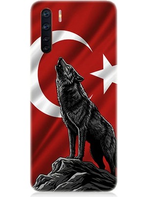 Oppo Reno 3 Uyumlu Bayrak Önünde Uluyan Kurt  Desenli Silikon Kılıf