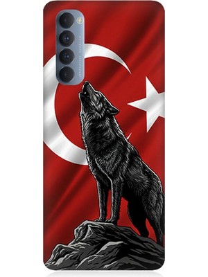 Oppo Reno 4 Pro Uyumlu Bayrak Önünde Uluyan Kurt  Desenli Silikon Kılıf