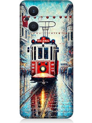 Oppo Reno 7 Lite 5g Uyumlu Yağmurlu Sokakta Kırmızı Tramvay  Desenli Silikon Kılıf