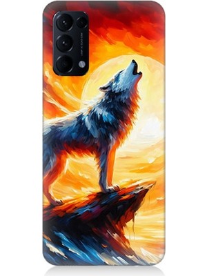 Oppo Reno 5 Pro Uyumlu Kayalıkta Uluyan Kurt Yalnızlığı  Desenli Silikon Kılıf