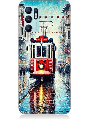 Oppo Reno 6 Uyumlu Yağmurlu Sokakta Kırmızı Tramvay  Desenli Silikon Kılıf