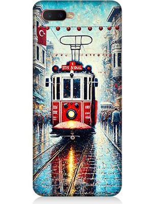 Oppo Rx 17 Neo Uyumlu Yağmurlu Sokakta Kırmızı Tramvay  Desenli Silikon Kılıf