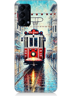 Oppo Reno 5 Uyumlu Yağmurlu Sokakta Kırmızı Tramvay  Desenli Silikon Kılıf
