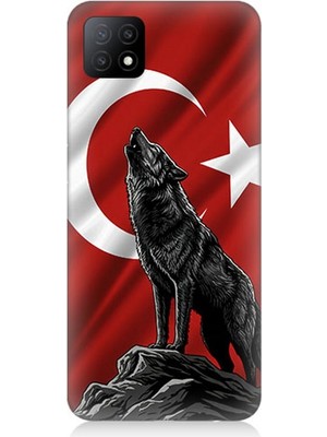 Oppo A53 Uyumlu Bayrak Önünde Uluyan Kurt  Desenli Silikon Kılıf