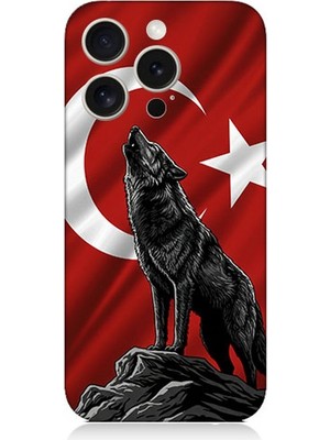 Apple iPhone 15 Pro Max Uyumlu Bayrak Önünde Uluyan Kurt  Desenli Silikon Kılıf