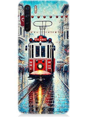 Oppo A91 Uyumlu Yağmurlu Sokakta Kırmızı Tramvay  Desenli Silikon Kılıf
