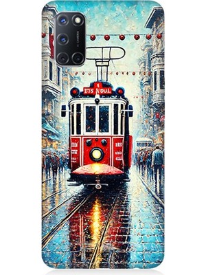 Oppo A52 Uyumlu Yağmurlu Sokakta Kırmızı Tramvay  Desenli Silikon Kılıf