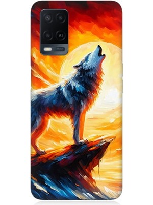 Oppo A54 Uyumlu Kayalıkta Uluyan Kurt Yalnızlığı  Desenli Silikon Kılıf