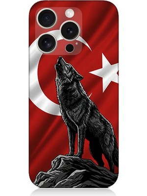 Apple iPhone 16 Pro Uyumlu Bayrak Önünde Uluyan Kurt  Desenli Silikon Kılıf
