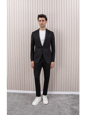 Erkek Likralı Beli Ipli Slim Fit Mono Yaka Takım Elbise
