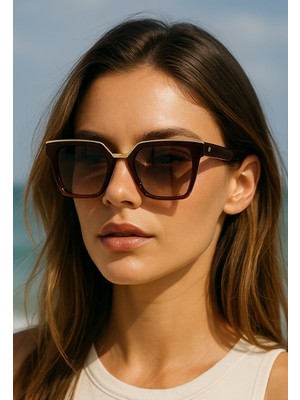 Lisa Kahverengi Kadın Güneş Gözlüğü Gold Metal Üst Çerçeve Uv 400 Korumalı Ce Sertifikalı Güneş Gözlüğü