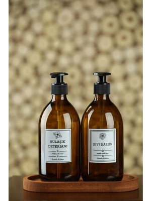 Ahşap Standlı 2'li Amber Cam Sıvı Sabunluk Bulaşık Deterjanı Şişesi Sabunluk