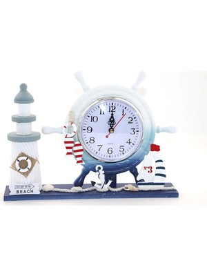 Mediterian Çok Renkli Ahşap Deniz Feneri ve Dümenli Saat, Dekoratif ve Şık Tasarım