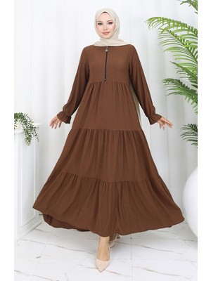Sefa Merve Bürümcük Kumaş Fermuarlı Elbise 6999-03 Kahverengi