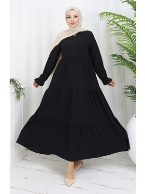 Bürümcük Kumaş Fermuarlı Elbise 6999-04 Siyah