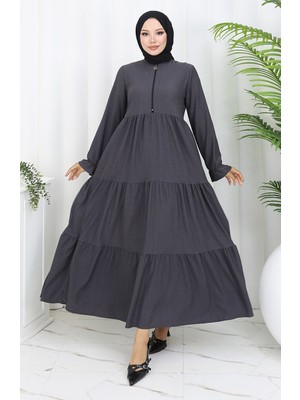 Bürümcük Kumaş Fermuarlı Elbise 6999-05 Antrasit