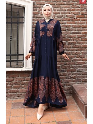 Sefa Merve Yarım Düğmeli Uzun Patlı Elbise 5579-01 Lacivert