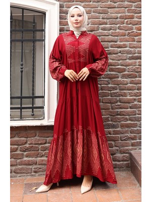 Sefa Merve Yarım Düğmeli Uzun Patlı Elbise 5579-03 Bordo