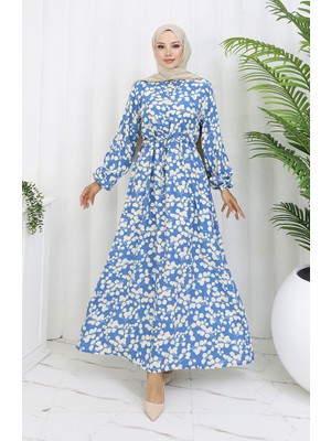Sefa Merve Beli Bağcıklı Desenli Viskon Elbise 2083-04 Indigo