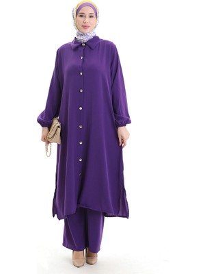 Sefa Merve Düğmeli Uzun Tunik Pantolon Ikili Takım 0089-04 Mor
