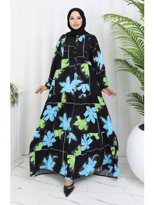 Sefa Merve Alaçatı Desenli Yarım Düğmeli Viskon Elbise 2085-02 Siyah Yeşil