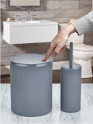 TeknoTrust 2'li Yuvarlak Dokunmatik Banyo Çöp Kovası Seti, Çizgili, Gri, Plastik, Parça Sayısı: 2