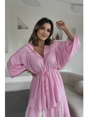 Eswomes Beli Ipli Uzun Keten Gömlek Pembe