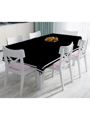 Siyah Zeminde Beyaz Çizgili Desenli Dijital Baskılı Leke Tutmaz Masa Örtüsü