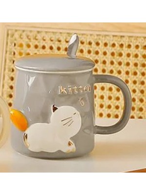 Porselen Kupa Kapaklı Metal Kaşıklı Kitten Yavru Kedi 1 Adet