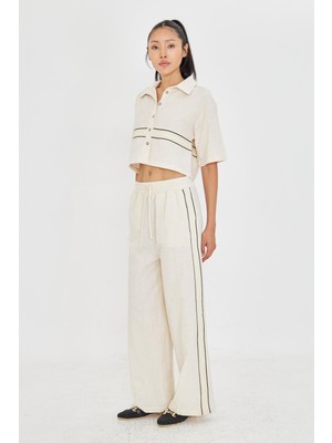 Dantel Detaylı Keten Görünümlü Pantolon