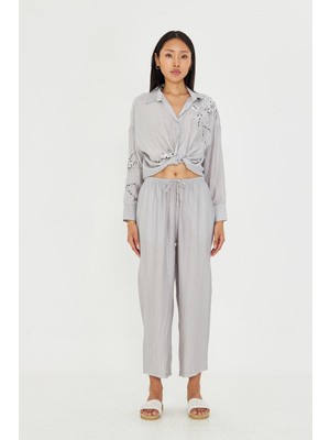Beli Lastikli Çizgili Rayon Pantolon