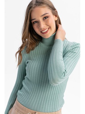 Tiffany & Tomato Uzun Kollu Fitilli Tam Balıkçı Yaka Triko Kazak-Mint