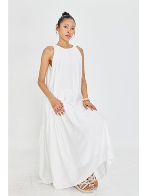 Sıfır Kol Fırfırlı Uzun Elbise