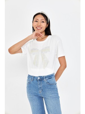 Taşlı Fiyonk Baskılı T-Shirt
