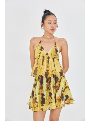 Desenli Sırt Dekolteli Boyundan Bağlamalı Bluz